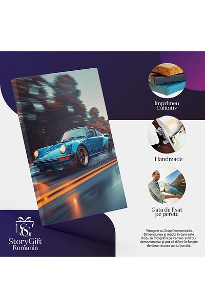 StoryGift Romania Tablou Canvas Masina Albastra Porsche 911 Turbo Cu Farurile Aprinse Fast Car Prin Ploaie, Pass