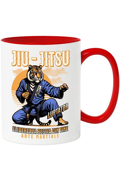 StoryGift Romania Mug With Tiger In Martial Arts Outfit Karate Sport Motivational Fighting Text Jiu-j, With Red Handle