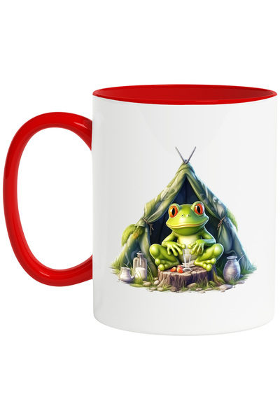 StoryGift Romania Cana Cu O Broasca Verde Care Sta In Fata Unui Cort | Ilustratie | Natura | Padur, Cu Maner Rosu Stg