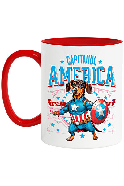 StoryGift Romania Cana Cu Teckel / Dachshund Caine In Costum De Capitan America Cu Pelerina, Erou , Cu Maner Rosu Stg