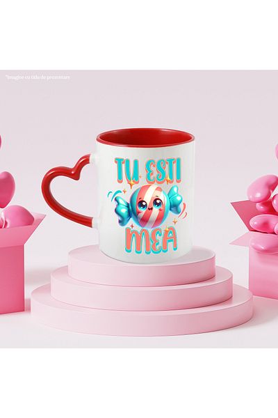 StoryGift Romania Cana Tu Esti Bomboana Mea, Iubita, Dragoste, 330ml, Ceramica Cu Maner Inima Rosi, Cu Maner Inim Stg