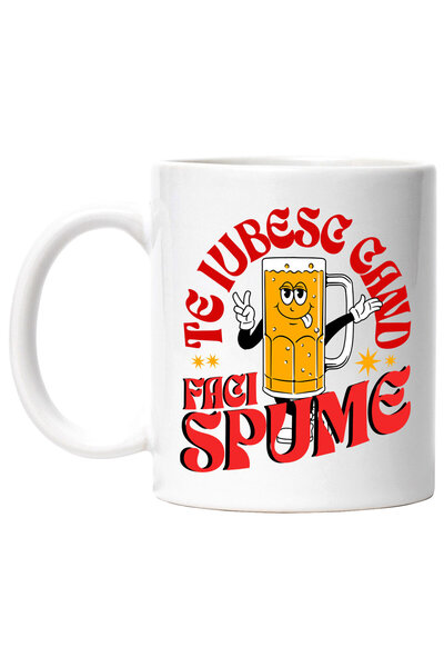 StoryGift Romania Cana Cu Halba De Bere Vesela Cu Limba Scoasa Text Te Iubesc Cand Faci Spume, Alc, Cu Maner Alb Stg