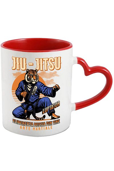 StoryGift Romania Mug With Tiger In Martial Arts Outfit Karate Motivational Sport Fighting Text Jiu-j, With Heart Handle