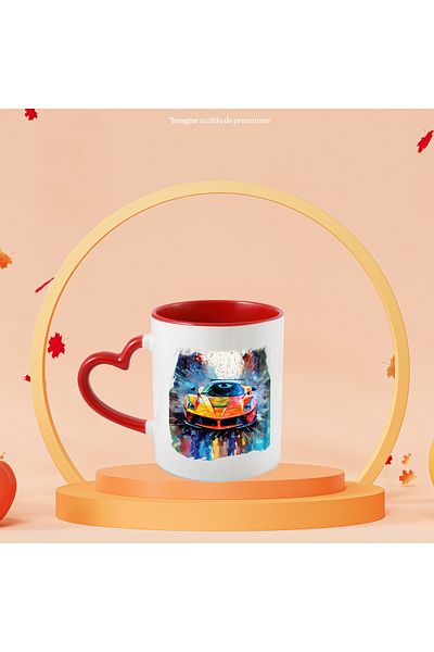 StoryGift Romania Cana Cu Masina Sport, Viteza, Ilustratie Watercolor, Multicolor 330 Ml, Ceramica, Cu Maner Inim Stg
