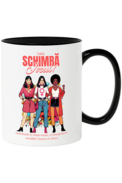 StoryGift Romania Cana Trei Femei Puternice Text Motivational Fetele Schimba lumea, 330ml, Ceramic, Cu Maner Negru STG