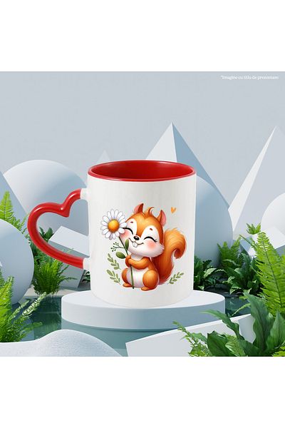 StoryGift Romania Mug with a happy squirrel holding a white flower | illustration | heart | a, With ,STG.