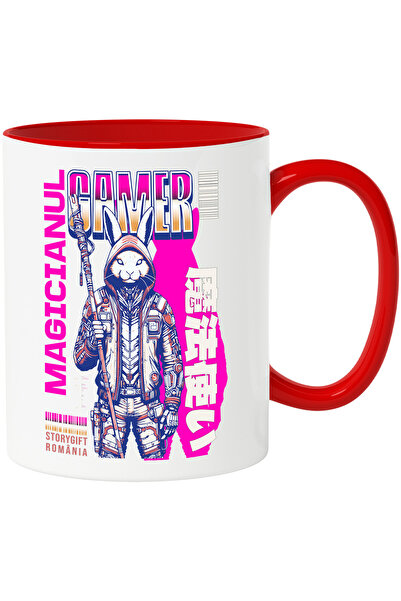 StoryGift Romania Cana Gamer Magician Iepure Razbonic Ninja Joc Video, 330ml, Ceramic Cu Maner Ros, Cu Maner Rosu Stg