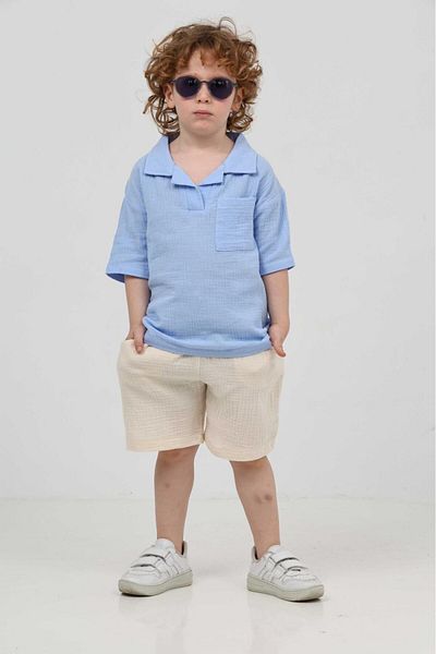 chacharon Boy's Muslin Fabric Boy's Collar Shorts Suit