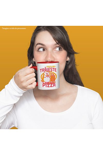 StoryGift Romania Mug Cat eating pizza text cat lives pizza, 330ml, Ceramic with Ro Handle, With, STG