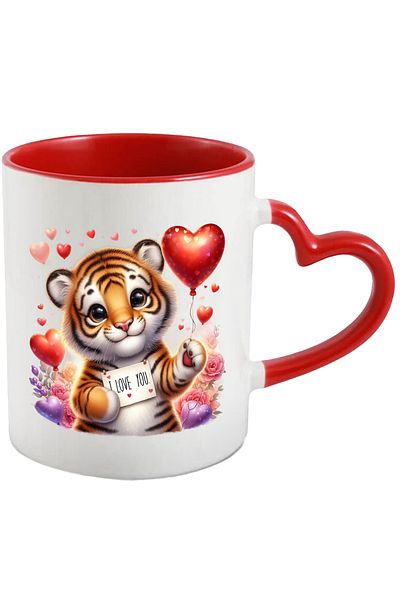 StoryGift Romania Mug with Tiger Cubs with the Message "I Love You", Many Hearts, Flowers in Various Colors, with Heart Handle
