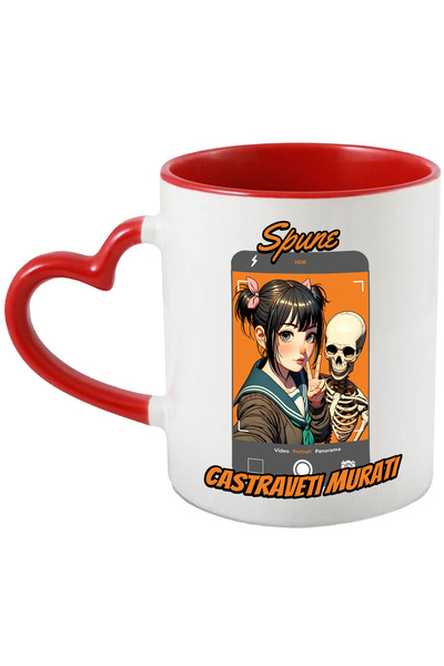 StoryGift Romania Cana Fata Cu Schelete Facand Selfie Castraveti Murati, 330ml, Ceramica Cu Maner , Cu Maner Inim Stg