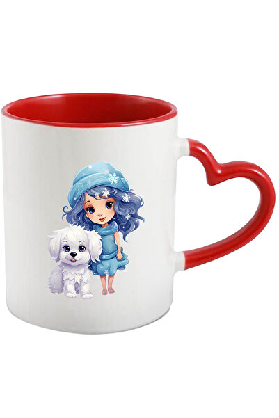 StoryGift Romania Cana Cu O Fetita Care Are Un Catel Alb | Ilustratie | Ninge | Fulgi De Nea | Fri, Cu Maner Inim Stg