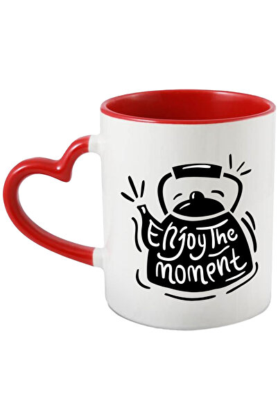 StoryGift Romania Cana Cu Mesaj In Engleza Enjoy The Moment, Ceainic, Ceai, Bucurie, Alb Negru 330, Cu Maner Inim Stg