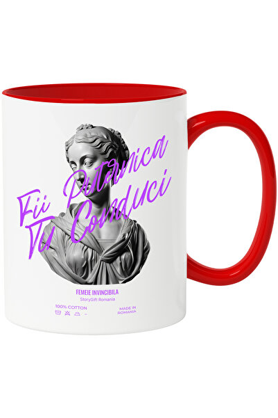 StoryGift Romania Cana Statuie Bust Femei Text Motivational Fii Puternica Tu Conduci Lumea, 330ml,, Cu Maner Rosu Stg