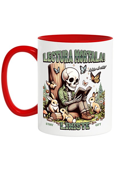 StoryGift Romania Cana Schelete Cititnd Lectura Mortala Iubitor De Carti, 330ml, Ceramic Cu Maner , Cu Maner Rosu Stg