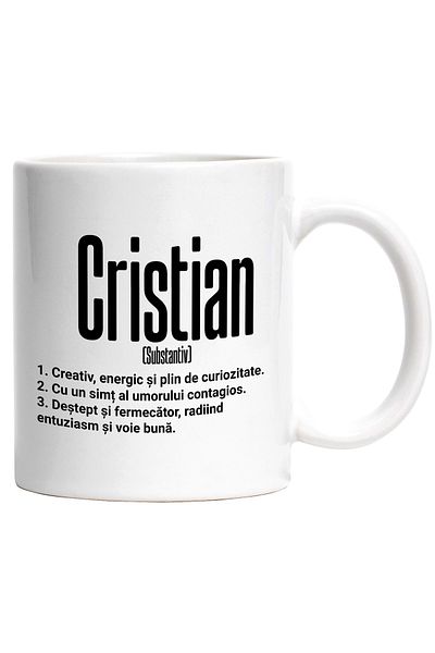 StoryGift Romania Cana Cu Numele Cristian, Cu Mesaj Motivational, Creativ, Energic, Curios, Destep, Cu Maner Alb Stg