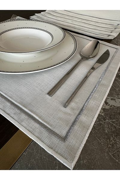 NURHAN HOME COLLECTION طقم مطرز باللون الفضي مكون من 12 قطعة من المناديل الأمريكية لتقديم الكوكتيل والقهوة