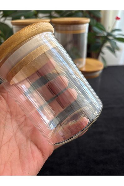 DİBA AVM 6-Piece Glass Jar with Wooden Lid Vacuum Lid Glass Spice Jar Stylish Design 6,5X8 cm