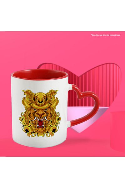 StoryGift Romania Mug With Tiger, Helmet, Samurai, Armor, Asian, Multicolor 330 Ml, Ceramic With M, With Heart Handle