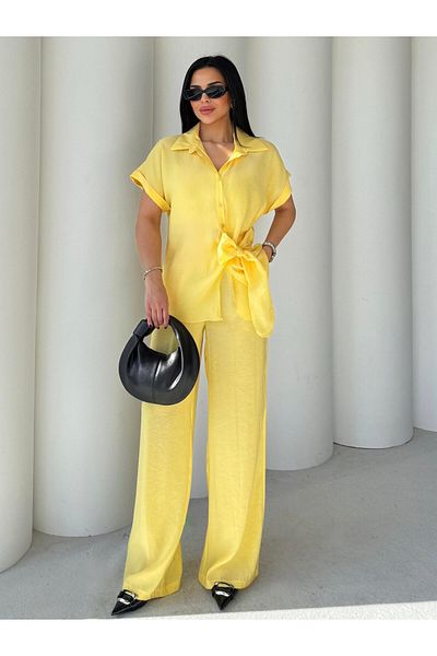 QİMYA BUTİK Egzoti̇k Asortik Women's Slim Double Set with Short Sleeve Shirt and Trousers with Tucked Waist