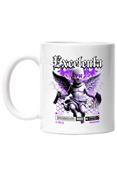 StoryGift Romania Cana Cu Copil Cu Aripi Arma Bani Bancnote Text Motivational Excelenta, Ceramica,, Cu Maner Alb Stg