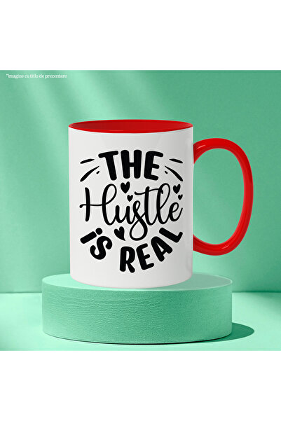 StoryGift Romania Mug with hearts and the text "The hustle is real" - work is real objectives with Ma, Cu, STG