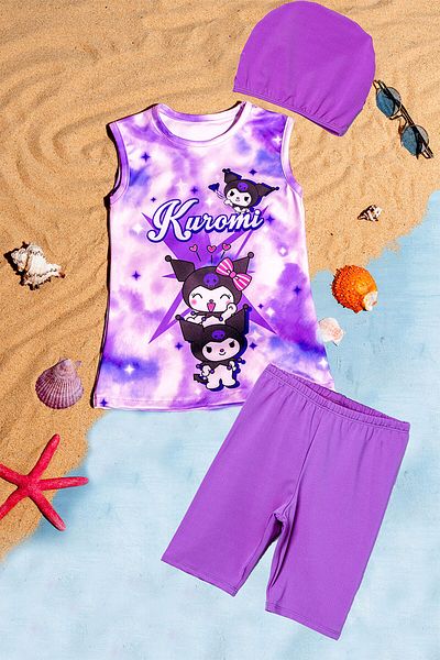 Beniizle Patterned Bonneted Girl's Three-Piece Swimsuit Sleeveless Set