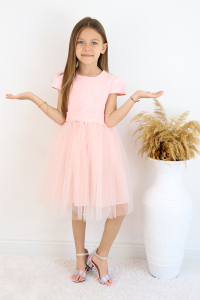 FESSHERA 🌟 İnci İşlemeli Tül Etekli Jakarlı Kumaş Fiyonklu Kız Çocuk Abiye Elbise 🌟