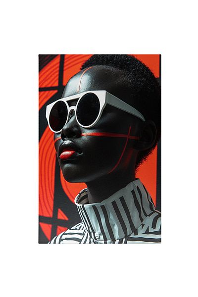 StoryGift Romania Tablou Canvas The Black Woman Cu Ochelari De Soare Cu Rama Alba Si Dungi Rosii Pe Chip In Bluz
