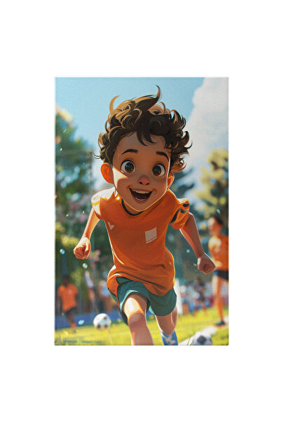 StoryGift Romania Tablou Canvas: Fotbalistul Mic Cu Triocu Portocaliu Si Pantaloni Verzi Care Se Joaca Fotball M