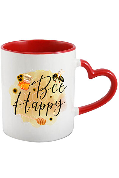 StoryGift Romania Cana cu albina cu fundal de fagure cu mesajul "Bee Happy", fericire, bucurie, ve, Cu Maner Inim STG