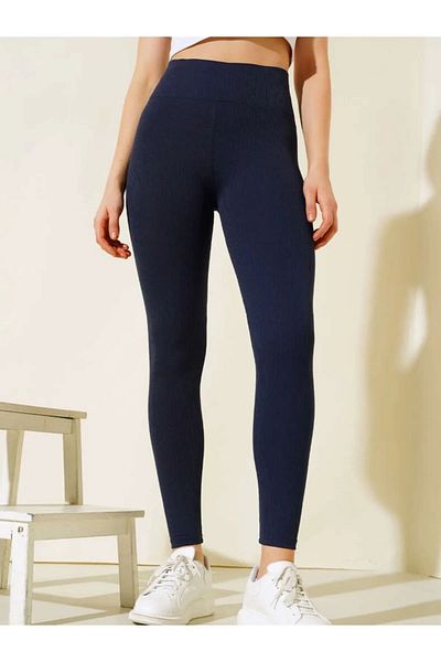 PRATİKOBA Ribbed Leggings Dark Blue High Waist Leggings