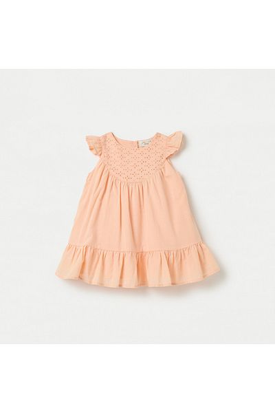 Juniors Schiffli Textured Cap Sleeves A-Line Dress With Snap Button Closure