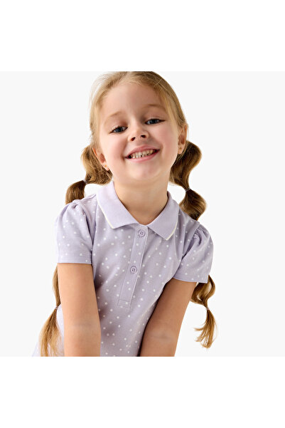 Juniors All-Over Polka Dot Print A-Line Polo Dress With Short Sleeves