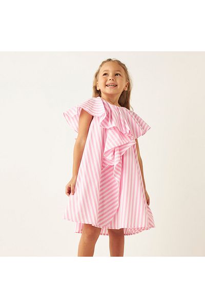 Juniors Striped Dress With Round Neck And Ruffle Detail