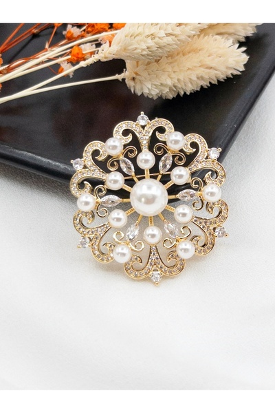 Siya Silver Altın Kaplama Taşlı İncili Çiçek Broş