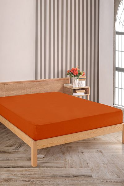 Karden Flower Premium 100% Cotton Double Combed Cotton Elastic Sheet - Orange