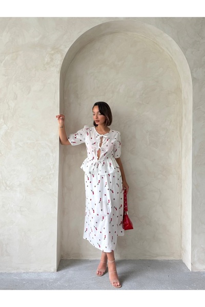 Miss Allos Women's Floral Patterned Midi Length Linen Skirt