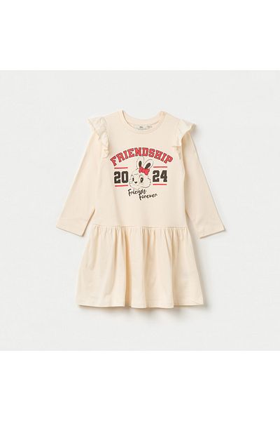 Juniors Printed A-Line Dress With Round Neck And Ruffle Detail