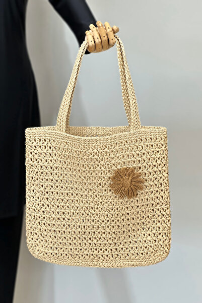 Remsa Mayo Χειροποίητη Πλεκτή Ψάθινη Τσάντα Τσάντα Παραλίας 026 Beige03