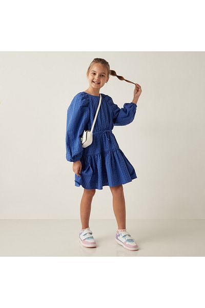 Juniors Textured Cotton A-Line Dress With Volume Sleeves