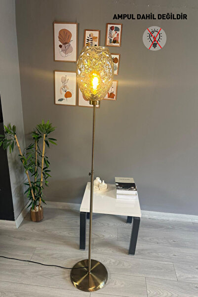 Bamyum Veltro Cam Bal Rengi Düz İnce Gövde Lambader Modern Oturma Odası