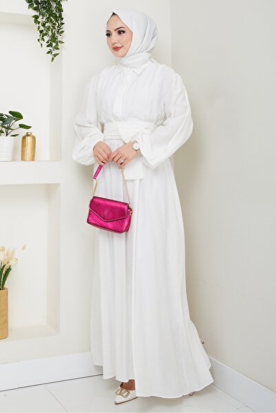 Bestenur Φόρεμα Alser Belted 1468 - Λευκό