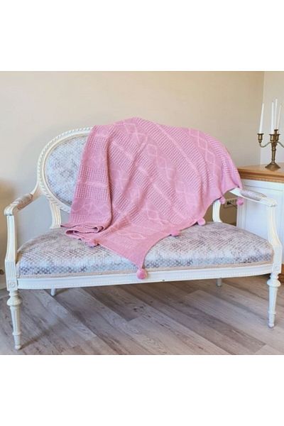 Class Home Collection Patura tricotata cu pom pom 130 x 170cm, Roz