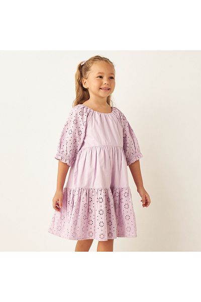 Juniors Tiered A-Line Dress With Schiffli Detail And Short Sleeves