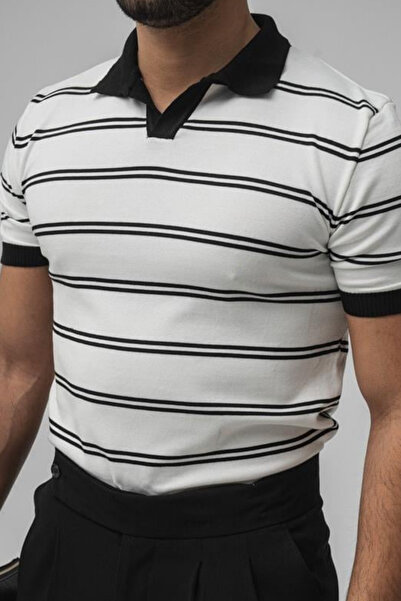 Tarz Cool Men's White Parallel Polo Neck Slim T-Shirt