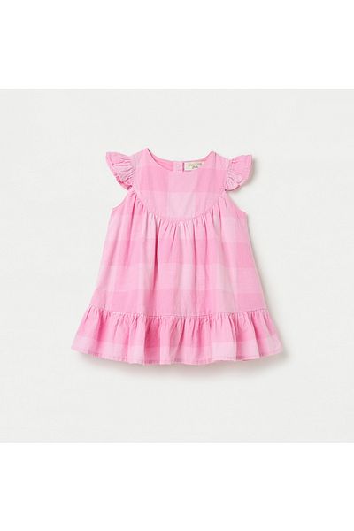 Juniors Checked A-Line Dress With Cap Sleeves And Snap Button Closure