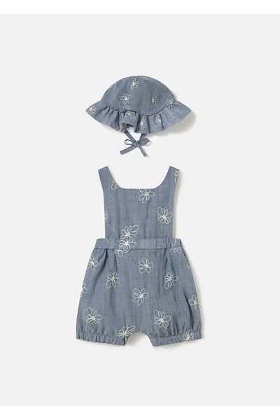 MAYORAL Baby Girl Floral Embroidered Hat Short Jumpsuit Blue 1665