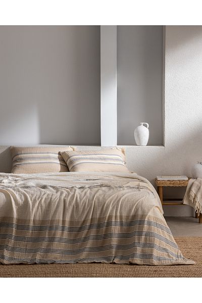 Madame Coco Sheryl King Size Muslin Yarn-Dyed Fitted Bedding Set - Beige/Navy