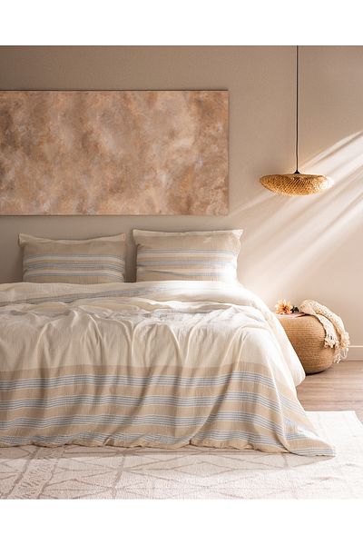 Madame Coco Sheryl King Size Muslin Yarn Dyed Fitted Bedding Set - Blue/Beige